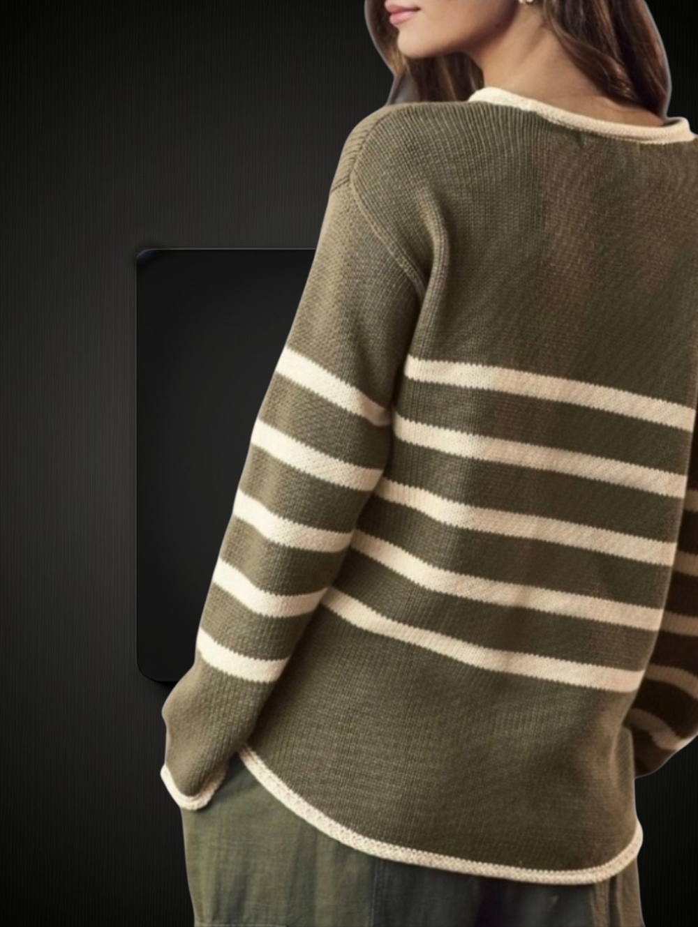 NEXT Striped Roll Edge Sweater ▪︎ Olive/Cream ▪︎ XL
